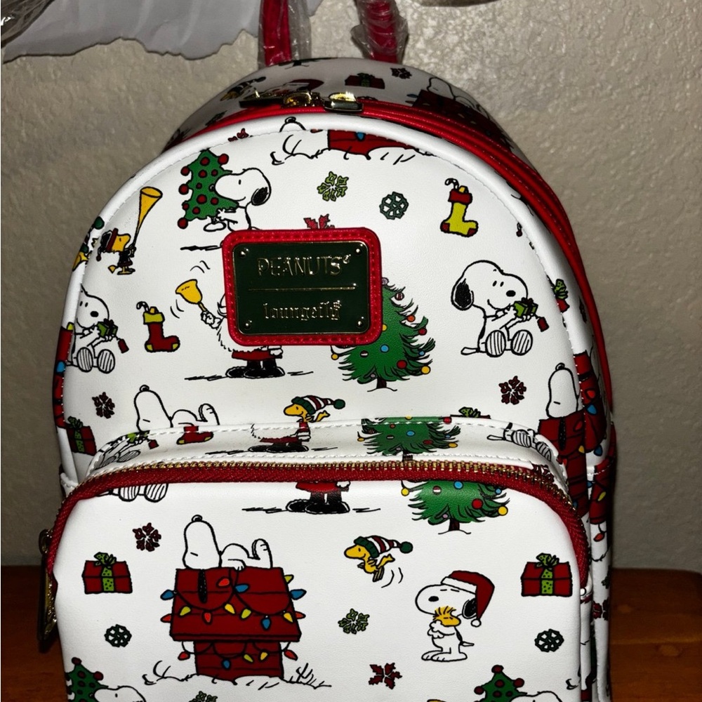 Loungefly White and Red Peanuts Christmas Backpack